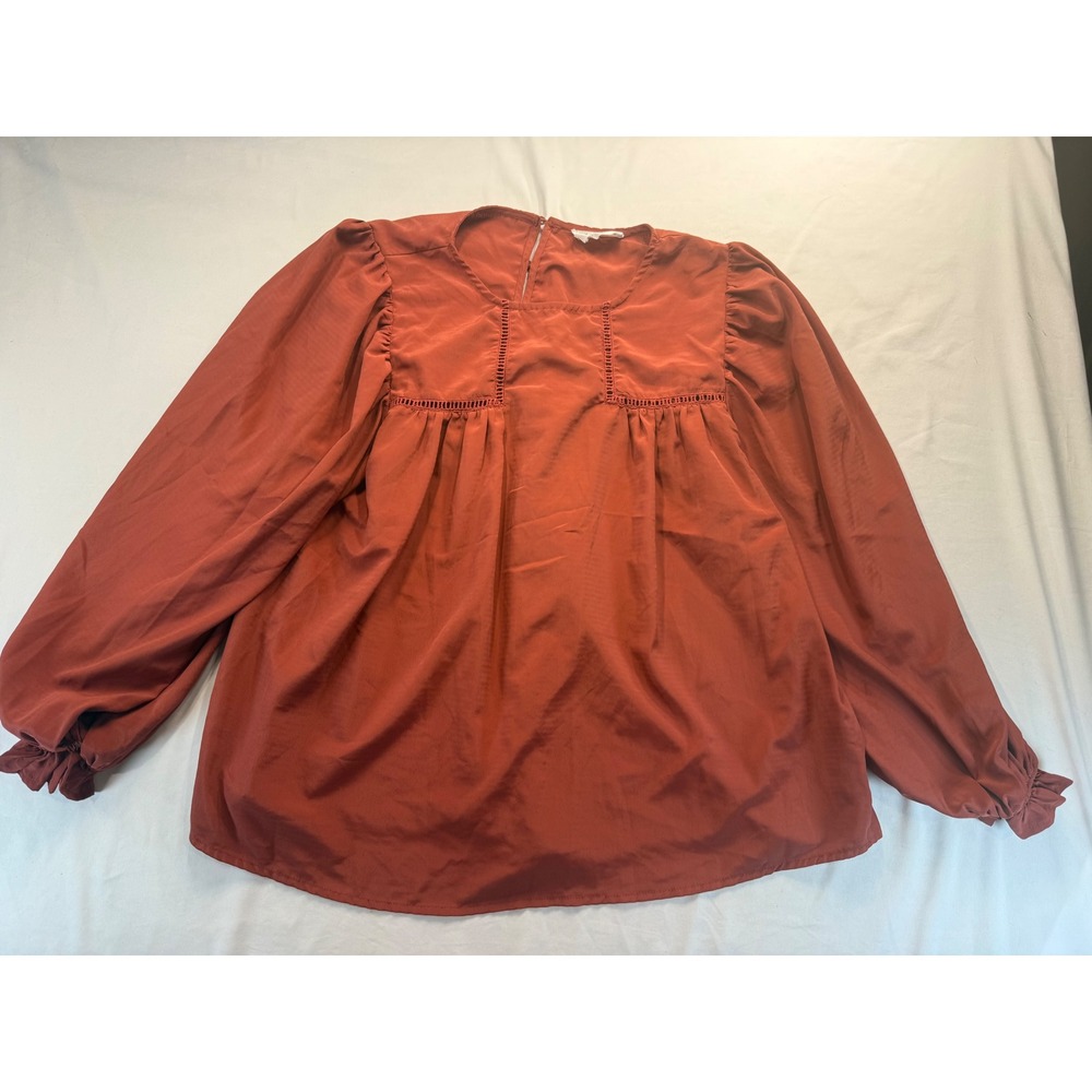 First Love by Lovelyn Blouse Womens Medium Rust Orange Lace Trim Puff Sleeve Top